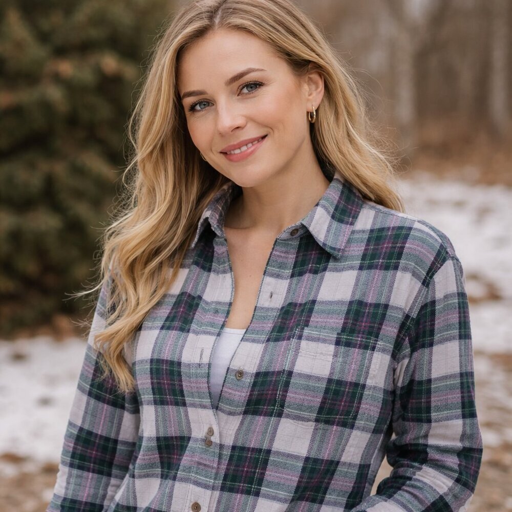 Northern Reflections Women’s Plaid Flannel Button-Up Shirt | Green Purple White
